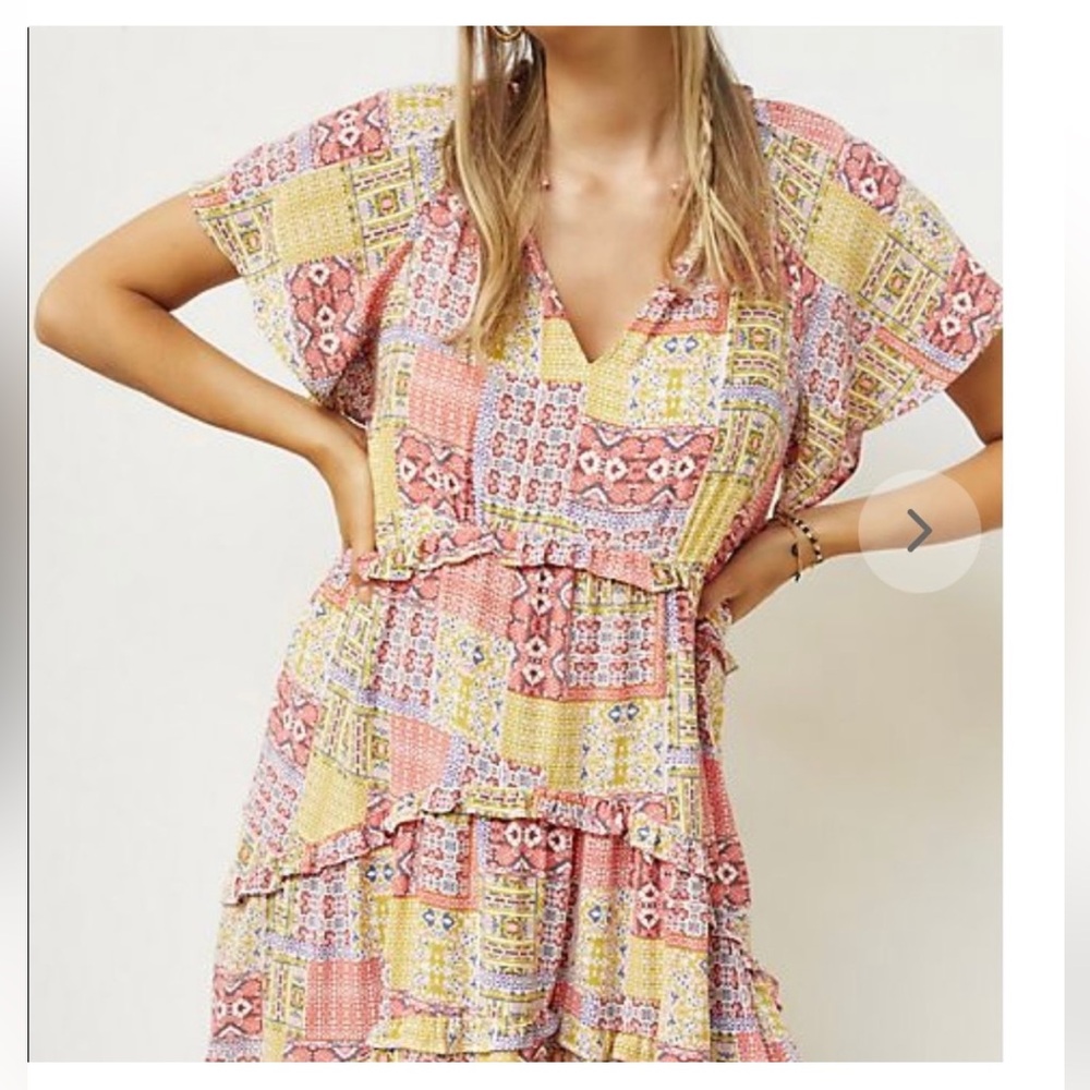Anthropologie Robin Tiered Mini Dress Patchwork Pink Combo Size XS
